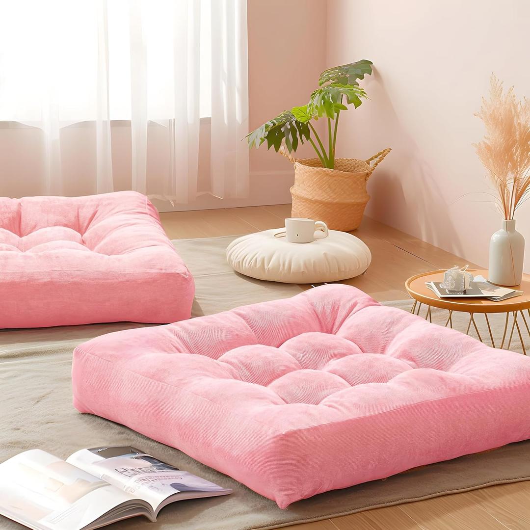 Pink Floor Pillow Set of 2  Stylish Corduroy Cushions for Women, Perfect for Meditation, Yoga, and Relaxation, 22x22 Inch
