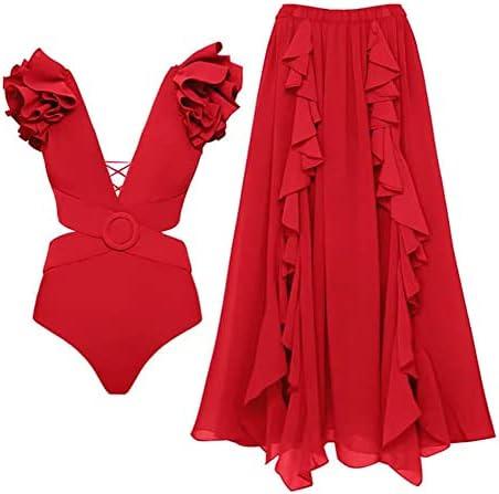 IDOPIP Women's One Piece Swimsuit with Beach Cover up Wrap Skirt Sarong Retro Floral Print Bikini Set Two Piece Bathing Suit, Medium, Red 