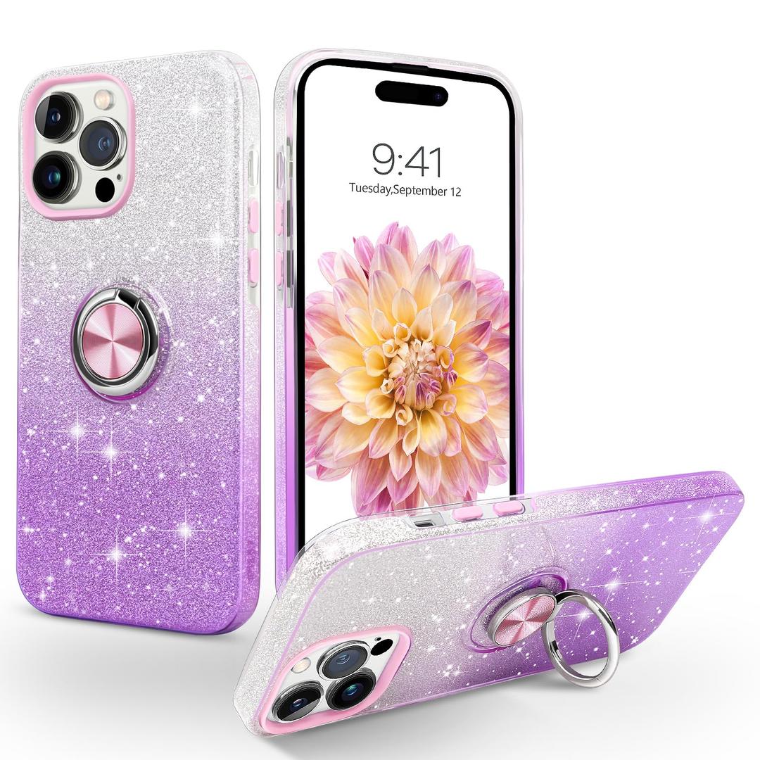 SouLips iPhone 15 Pro Max Case, Magnetic Car Mount Supported Slim Thin Glitter Sparkle with 360° Ring Holder Kickstand Shockproof Protective Phone Cover for iPhone 15 Pro Max 6.7", Gradient Purple