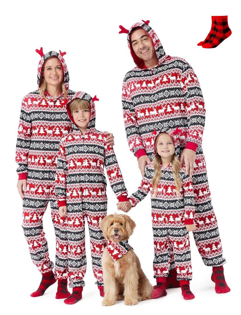 PATPAT Matching Family Christmas Onesie Pajamas  Holiday Hooded Jumpsuit Sleepwear PJs Couples Xmas Loungewear with Socks (Red Elf)