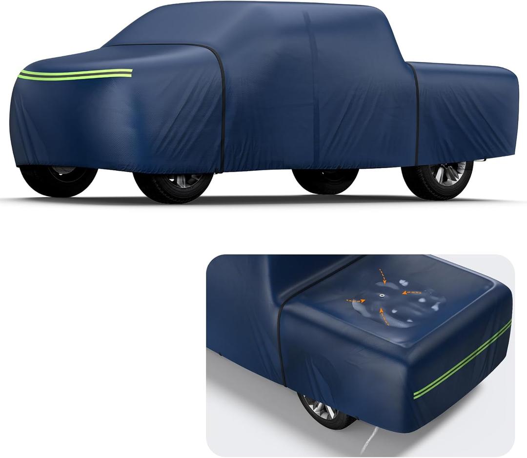 KAKIT Truck Cover Waterproof All Weather, Wear-Resistant Lightweight Fabric with Door Zipper and Tear Resistant Quick Drainage Holes, 5 Windproof Straps, Navy Blue (Truck Up to 250''L)