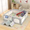 LUTIKIANG 79" x 71" Baby Playpen with Upgrade Mat, Portable Play Yard for Babies and Toddlers, Extra Large Baby Gate Playpen, Play Pin, Fence Area, Includes Ocean Balls, Pulling Rings (Grey)