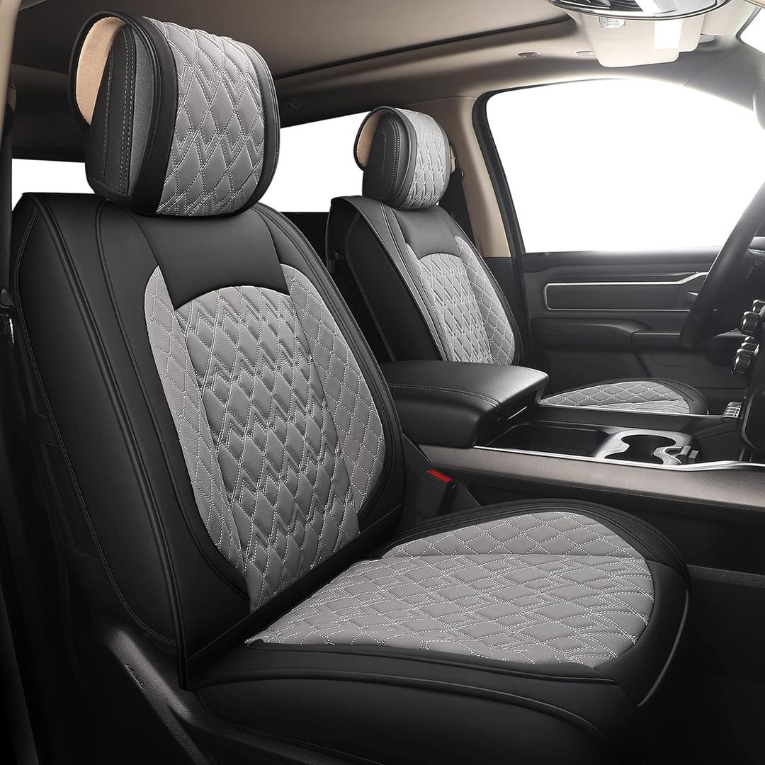 JOJOBAY Car Seat Covers for Dodge Ram 2 Pcs Front,Fit Ram 2009-2025 1500/2500/3500 Pick-up Truck,Crew,Regular,Quad,Mega Cab,Waterproof Leather Seat Covers Protectors2 PCS Front,Black-Grey