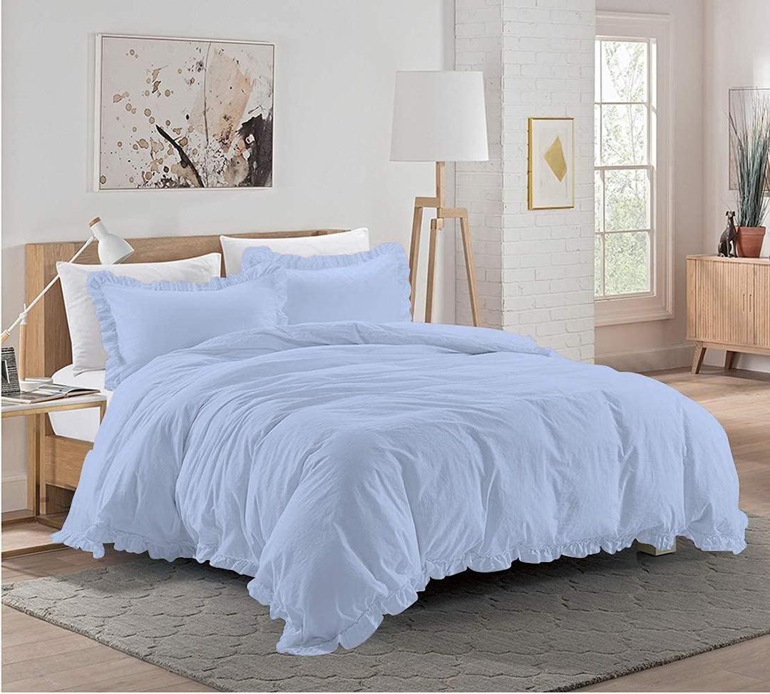 Xtream Fabric 1 Piece Frilled Duvet Cover Corner Edge Ruffle Comforter Cover & 4 Pillowcase, 5 PCs Frilled Duvet Set Cotton 800 TC King/California King Size, Light Blue