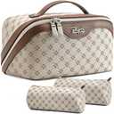 BOYATU Travel Makeup Bag Cosmetic Bags for Women: 3 Pcs Set Large Portable Make up Bag with Handle - Vegan Leather Toiletry Bags with Compartments - Makeup Organizer for Travel Essentials (A-3-Khaki)