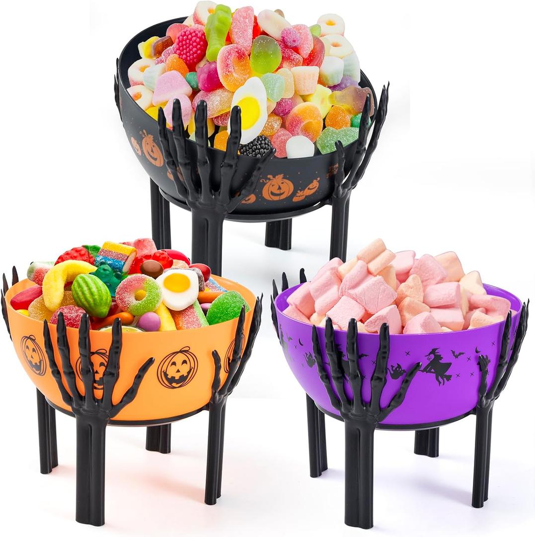 3PCS Halloween Candy Bowl 10 Inch Large Halloween Candy Basket Plastic Trick or Treat Bowls Big Candies Bowl with Holder Trick or Treat Decorations Bowls for Party Serving Candies Holder (Black)