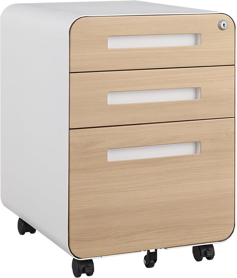3 Drawer File Cabinet for Home Office, Under Desk Mobile Filing Cabinet with Lock for A4/Letter/Legal Size, 5 Wheel Anti-tilt Rolling File Cabinets, Fully Assembled