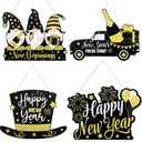 RattanView 4 Pieces Glitter Happy New Year Door Sign 2026 Black and Gold Wooden Hanging Sign New Year Eve Party Gnome Hat Front Door Porch Wall Decorations Supplies