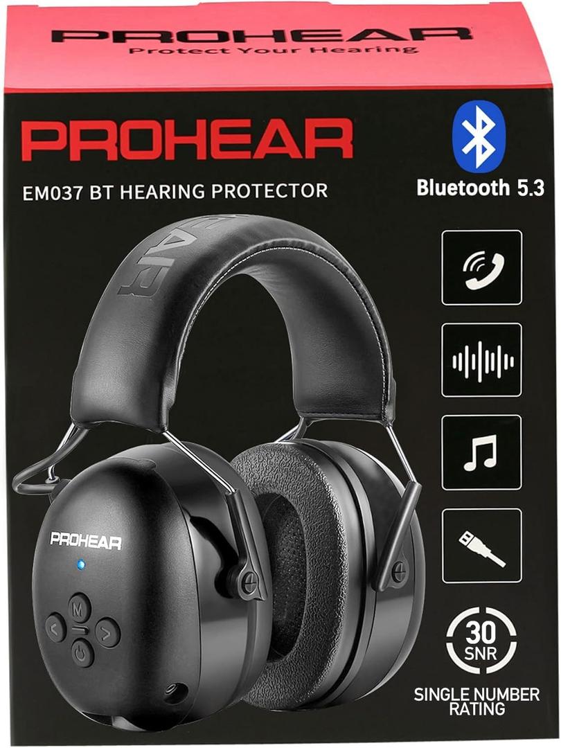PROHEAR 037 Bluetooth 5.3 Hearing Protection Headphones with Rechargeable 1500mAh Battery, 30dB SNR Safety Noise Reduction Ear Muffs 120H Playtime for Mowing, Workshops, Snowblowing - Black