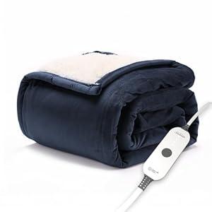 Sunbeam Electric Throw Royal Mink Sherpa Heated Blanket, 4 Heat Settings, 4-Hour Auto Shut-Off, Fast Heating, Luxurious and Ultra Comfy, 50" x 60", Color: Admiral Blue