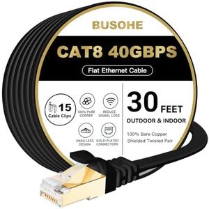 BUSOHE Cat 8 Ethernet Cable 30 FT, 40Gbps 2000MHz Cat8 High Speed Flat Internet Network Patch Cord, SFTP Shielded LAN Wire with Gold Plated RJ45 Connector, with Clips, Outdoor Indoor- 30FT Black
