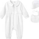 pureborn Unisex Baby Jumpsuit Infant Boys Girls Cotton Spring Fall Romper One-Piece Coverall Baptism Outfit White 0-24 Months (12-18 Months, White-silver Cross 3pcs)