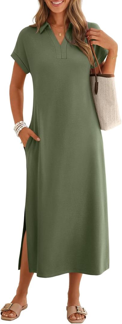 MEROKEETY Women's Summer Casual Maxi Dress 2026 Cap Sleeve V Neck Collared Beach Vacation T Shirt Long Dresses, Medium