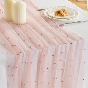 Fanami 3 Pack Pearl Table Runner -10FT Dusty Pink Boho Tulle Table Runners 120 Inches Long Rustic Sheer Lace Fabric Centerpieces for Wedding Arch Birthday Party Bridal Veil Baby Shower Decorations