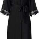 Women's Lace Trim Long Satin Kimono Bridal Robes for Bride and Bridesmaid - Wedding Gifts (Black)