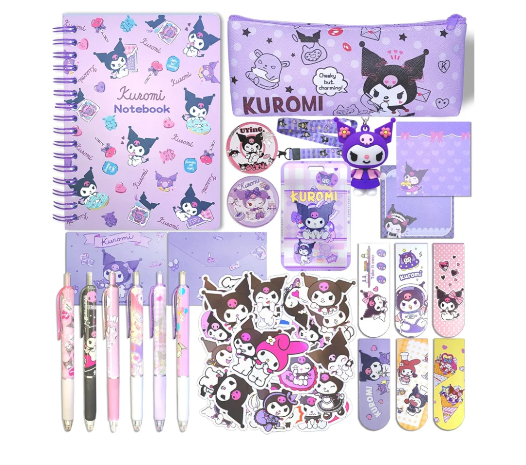 Lobsgous Kuromi School Supplies Set, Kawaii School Supplies Gift Set, Including Cartoon Journal Pencil Case Ballpoint Pen ID Badge Holder Stickers Key Chain Bookmark