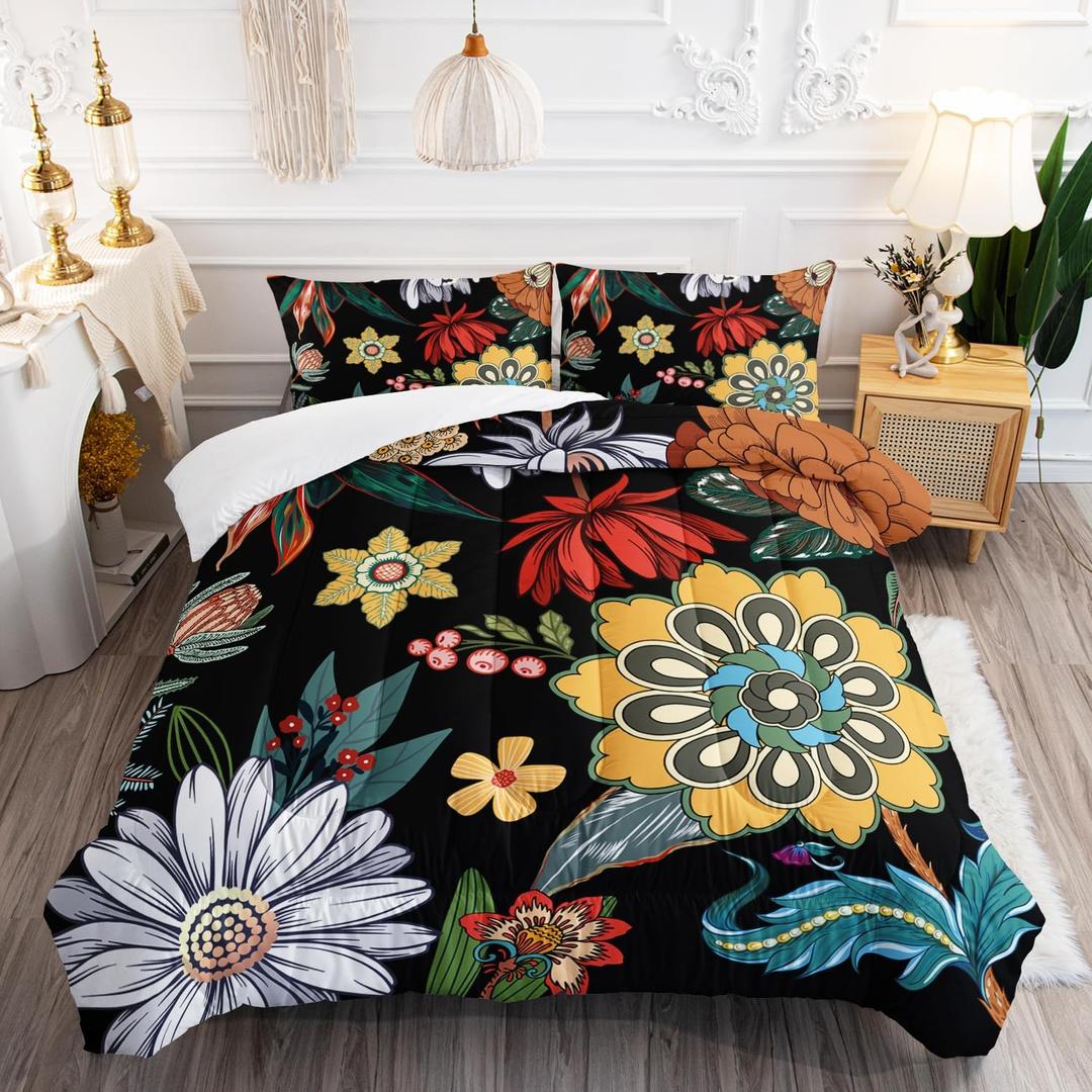 3 Pieces Colorful Floral Comforter Set,Bohemian Botanical Bedding Set King Size,All Season Lightweight Soft Microfiber Bedding with 2 Pillow Shams (Farmhouse Boho Floral)