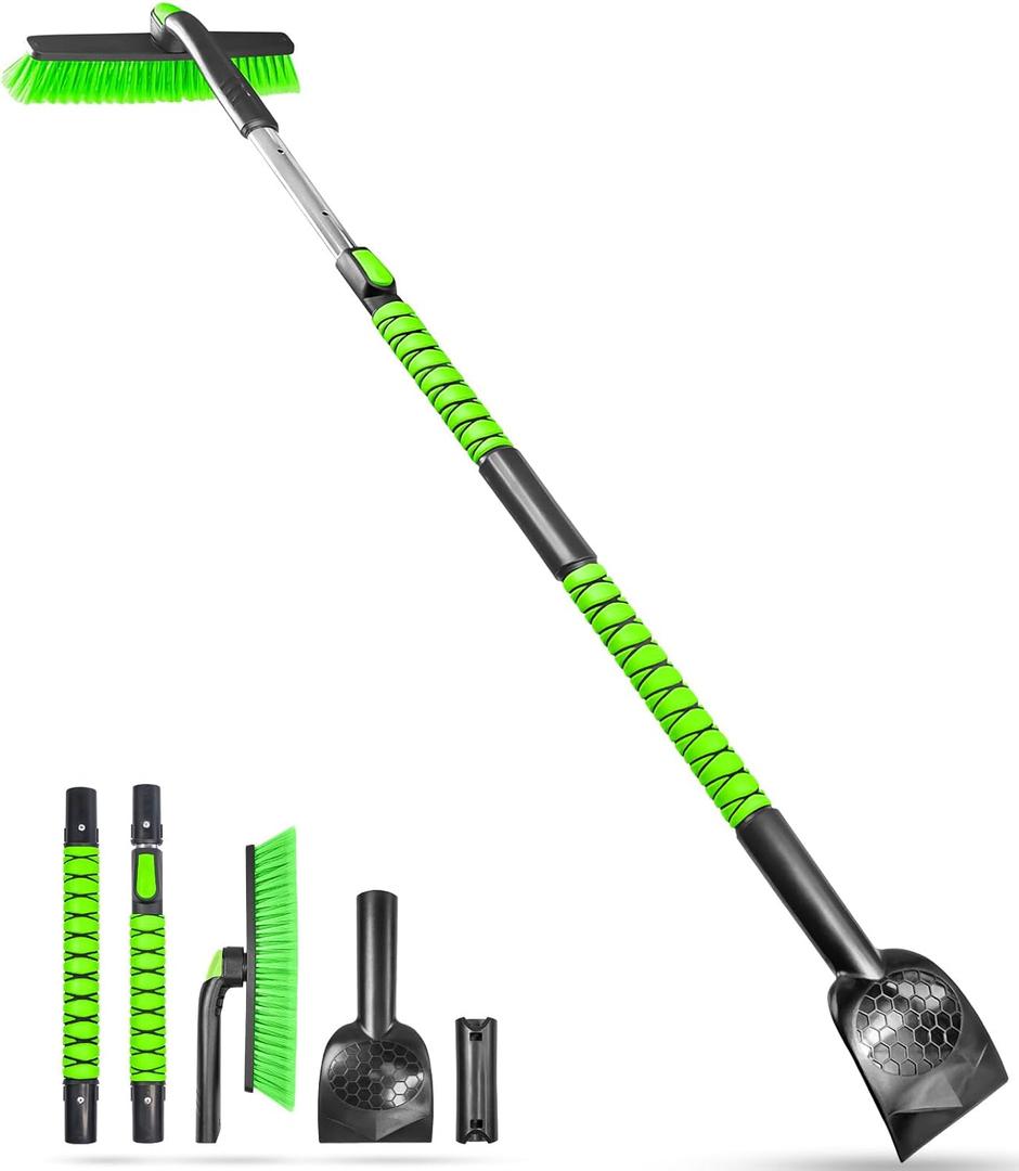 SEAAES 61.5 Inch Long Snow Brush with 5.2" Extra Wide Ice Scraper for Truck, Extendable Snow Scraper with Foam Grip, 360° Pivoting Brush for Car SUV Jeep RV Vehicle Windshield Window  Green