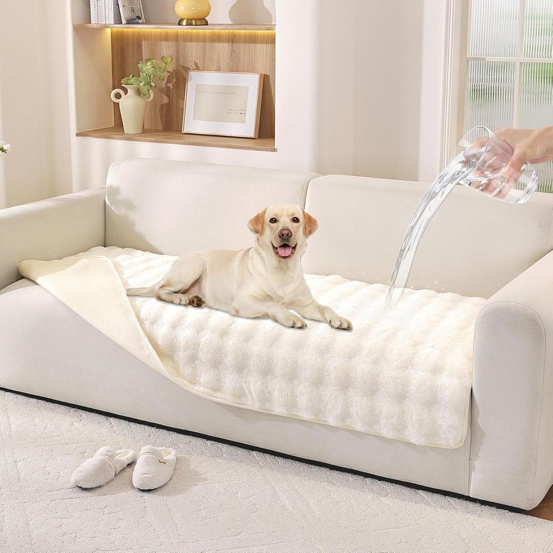 Waterproof Dog Bed Cover Non Slip Couch Covers for Dogs Washable Soft Faux Fur Sofa Cover Couch Covers for 3 Cushion Couch Sofa Pet Friendly (Off White) (36" x 82" 1 Pack)