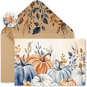 50 Pack Fall Cards Boxed Vintage Pumpkin Leaves Greeting Cards with Envelopes Stickers Glue Stick Autumn Blank Note Card for Thanksgiving Harvest Party Supplies, 4 x 6 Inch