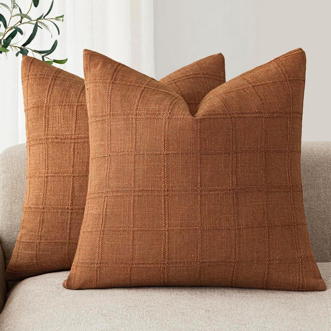 Foindtower Set of 2 Decorative Linen Check Throw Pillow Covers Neutral Farmhouse Vintage Cushion Covers Modern Boho Home Decor for Sofa Chair Couch Bedroom Living Room,1818 Inch,Orange (Autumnal)