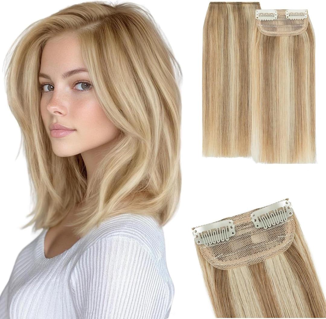 Clip in Short Hair Extensions Real Human Hair,Prokyvity Invisible Human Hair Clip in Extensions Short,8inch/2 pieces Mini Extensions for volume or highlight, Golden Brown Mixed Bleach Blonde, 2 Pieces-8 Inch, Golden Brown Mixed Bleach Blonde