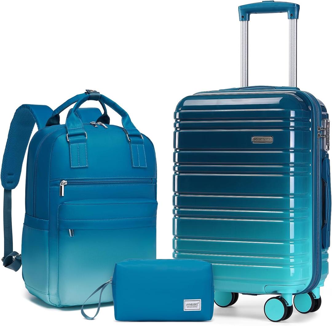 LARVENDER Carry on Luggage Sets 3 Piece, 20 Inch Suitcases, Ocean Breeze | 22x14x9 Airline Approved, Gradient PC+ABS Hardshell, Smooth 360 Wheels, TSA Lock, 3-Piece Set with Color-matched Backpack