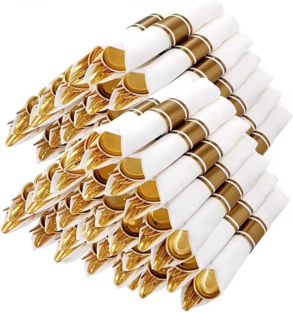 Nervure 400PCS Pre Rolled Gold Plastic Silverware Sets - Heavy Duty Hammered Gold Cutlery Include 100 Pack Wrapped Disposable Utensils with Napkins for Parties, Dinners & Weddings