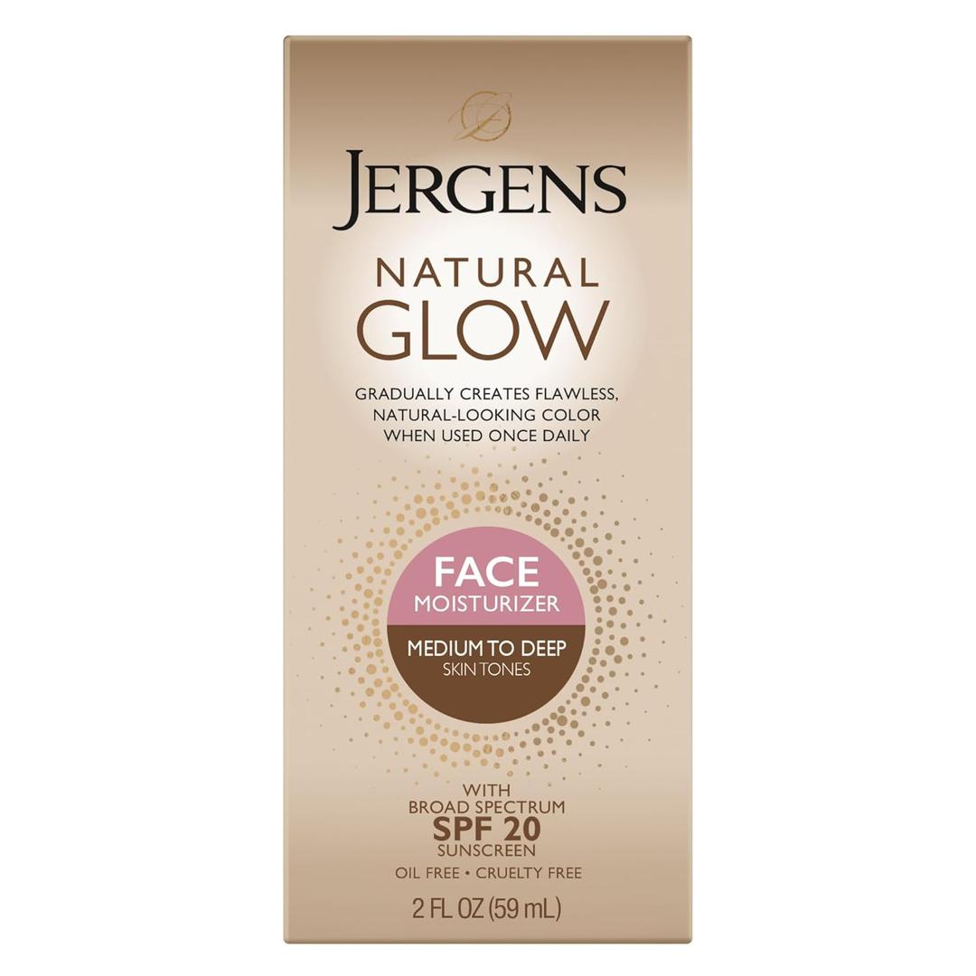 Jergens Natural Glow Self Tanner Face Moisturizer with SPF 20 Facial Sunscreen, Medium to Deep Skin Tone, Sunless Tanning, Oil Free, Broad Spectrum Protection UVA and UVB, 2 oz