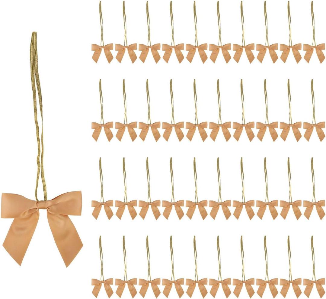 50pcs Stretch Elastic Loops with Pre-Tied Ribbon Bows for Gift Wrapping, Baby Showers, Weddings, Christmas Boxes (5", Gold)