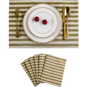 Home Brilliant Placemats Set of 6 Heat Resistant Green Dining Table Place Mats for Kitchen Farmhouse Table, 13 x 19 inches, Stripes, Golden Olive