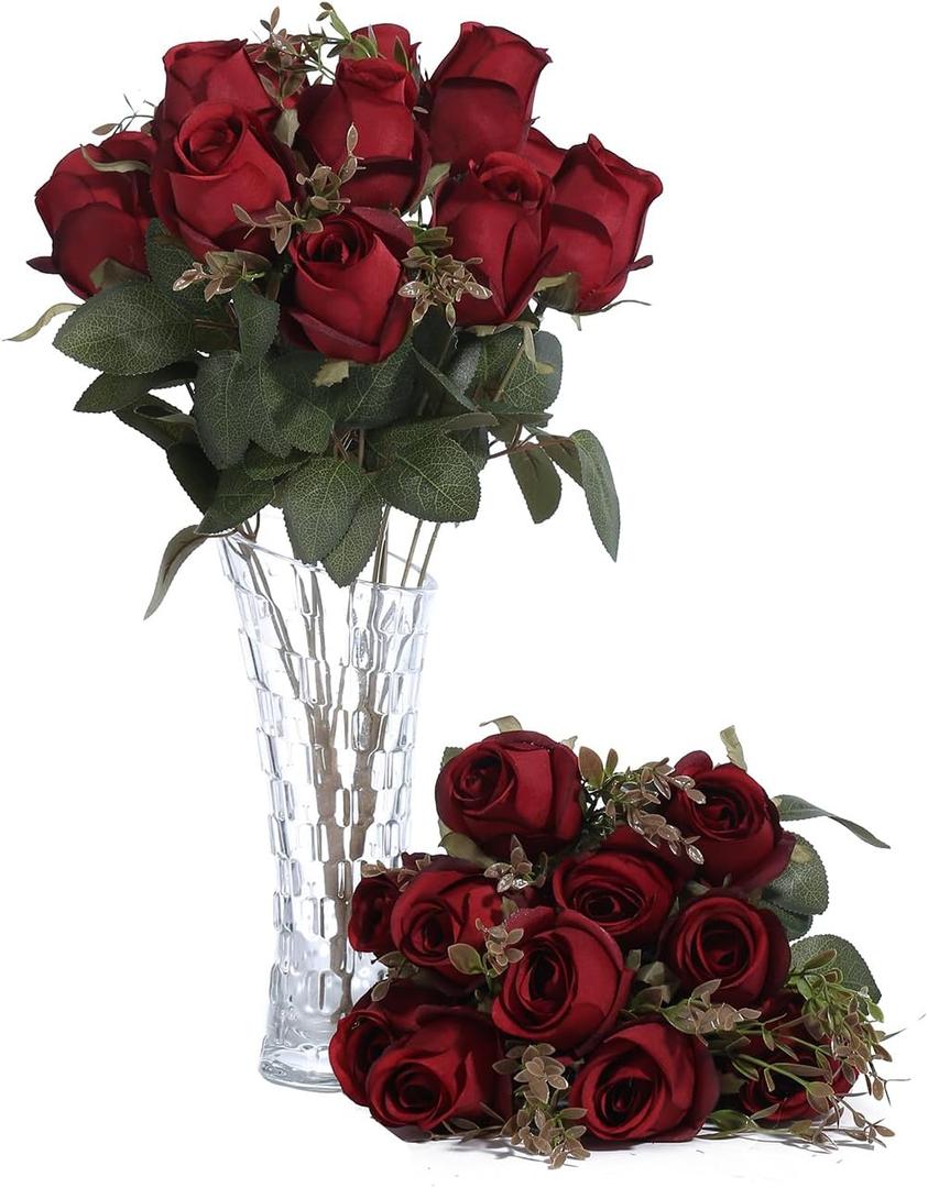FlueHouzz Artificial Roses Flowers Fake Silk Rose Bouquet 12 Heads 2 Packs of Realistic Blossom Roses for Home Wedding Party Floral Decoration Table Centerpieces, Burgundy
