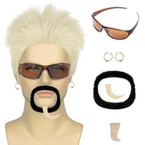QACCF 5Pcs Mens Glasses Grey Wig Short Straight Grey Blonde Guy Spiky Halloween Costume Synthetic Wig