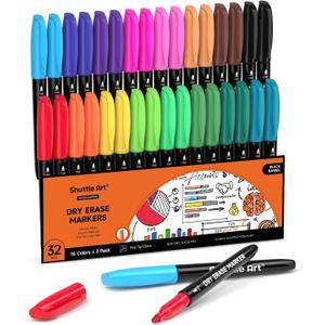 Shuttle Art Dry Erase Markers, 32 Pack 16 Colors Whiteboard Markers,Fine Tip Dry Erase Markers for Kids,Perfect For Writing on Whiteboards,Dry-Erase Boards,Mirrors,Calender,School Office Supplies