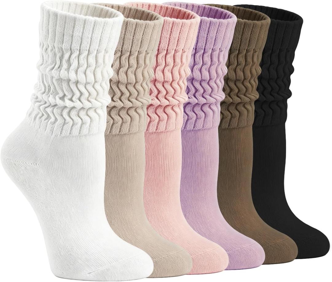Chalier 6 Pairs Slouchy Socks for Women Soft Cotton Scrunch Socks | Elastic Stretch Combed Knit Blend, Sturdy Stitch Detailing, Stacked Fashion Effect, Mid Calf Length, Casual Home Outdoor Wear (White)