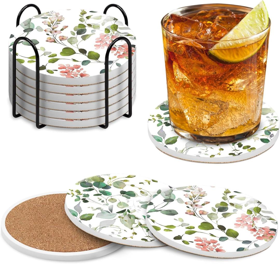 2 x Coasters Set of 6 with Holder,Cute Watercolor Flowers Leaves Absorbent Ceramic Drink Coasters for Tabletop Protection,Coffee Table Decor,Home Decor-Housewarming Gifts for New Home (4Inch) (Watercolor Eucalyptus Floral Green Leaves)