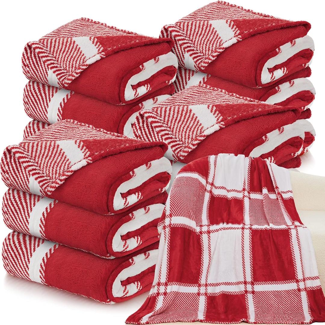Tinideya 12 Pcs Flannel Fleece Throw Blanket Bulk 50 x 60 Inch Red White Plaid Fleece Blanket Soft Warm Coral Throw for Bed Couch Sofa Home Wedding Gifts Season