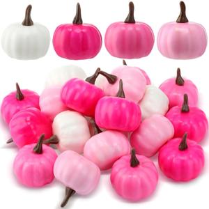 Thyle 24 Pcs Mini Artificial Pumpkins Bulk Fall Foam Pumpkins Thanksgiving Fake Harvest Ornaments Decoration for Autumn Halloween Party Centerpiece Home Decor Crafts (Pink Series)