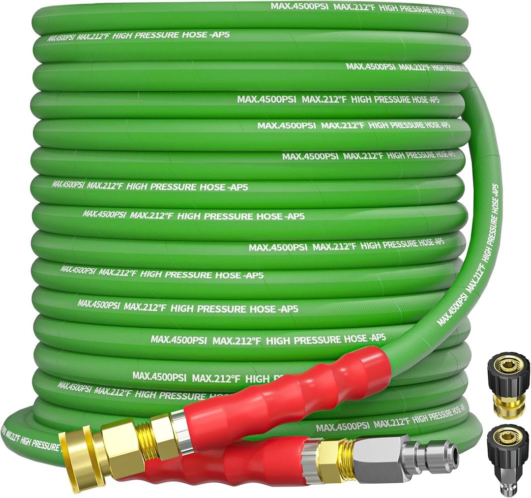 Pressure Washer Hose 50FT 3/8" for Cold and Hot Water 212F, with Swivel Quick Connect, 4500PSI Kink Resistant Grade Steel Wire Braided, Power Washer Hose With 2pcs M22-14mm Adapter (Green)
