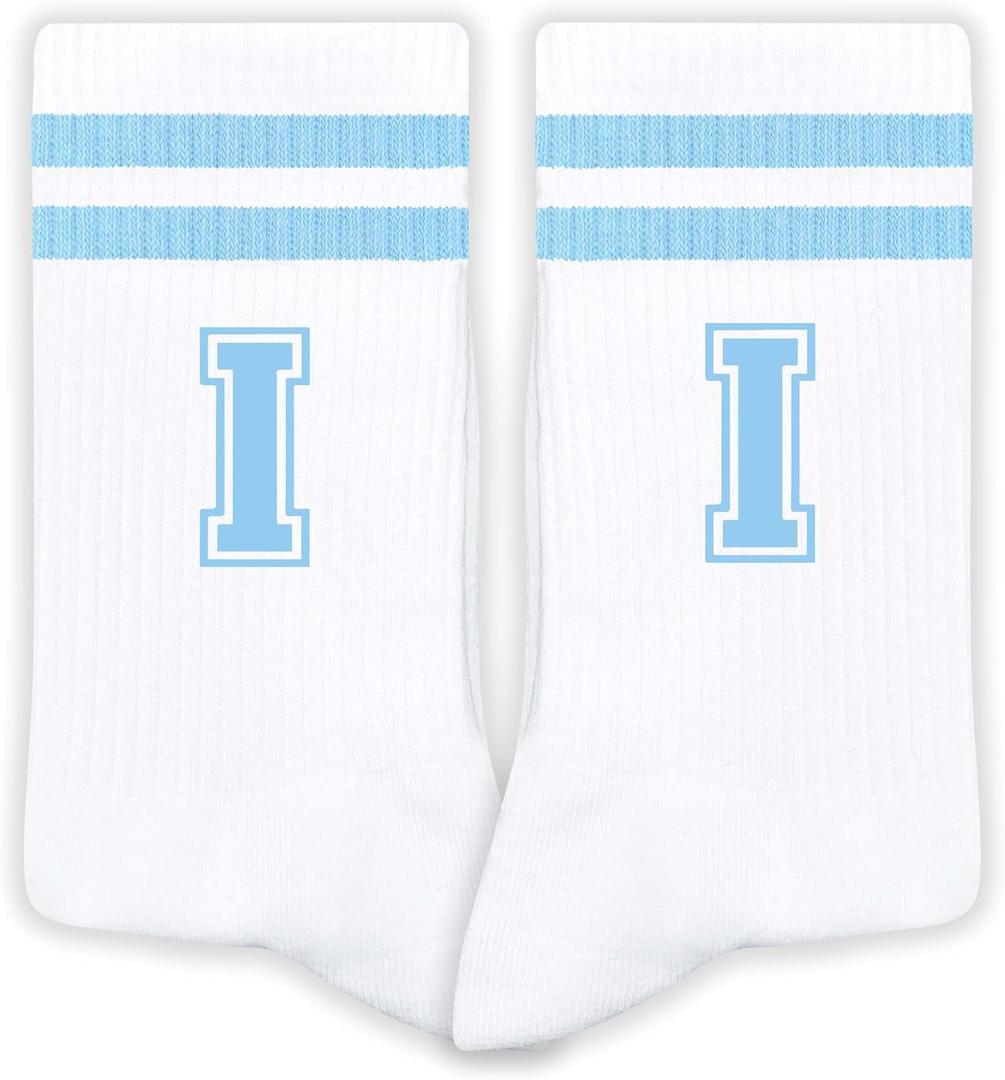 Blue And White-Striped Letter Socks, Sports Socks For Men, Blue Team socks, Friends And Family, Birthday Gift.