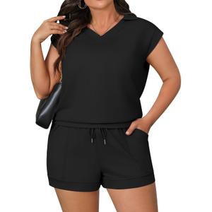 Huukeay Women's 2 Piece Plus Size Loungewear Short Set, Summer Casual Outfit Cap Sleeve T-shirt and Short Trendy Matching Set (XXL)