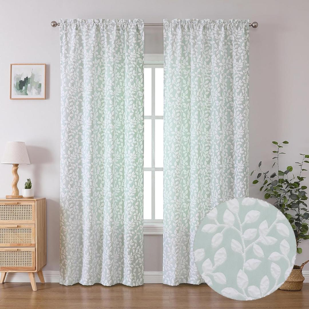 Chyhomenyc Anna White Green Curtains 84 Inch Length 2 Panels, Light Filtering 3D Embossed Textured Leaf Pattern Curtain Drapes for Bedroom Living Room, Each 38Wx84L Inches