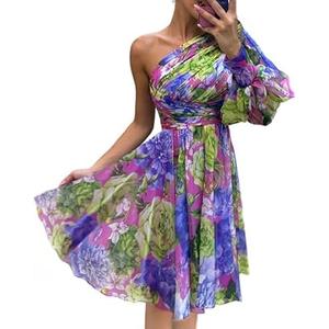 ChicMe Womens Holiday Maxi Dress Lantern Sleeve One Shoulder High Slit Floral Maxi Dress, Small