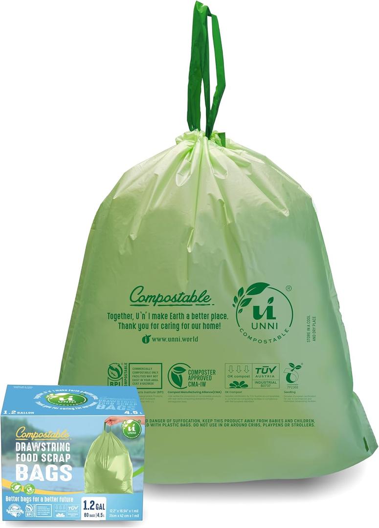 UNNI Compostable Drawstring Bags, 1.2 Gallon, 4.5 Liter, 80 Count, Heavy Duty 1 Mil, Small Kitchen Food Scrap Waste Bags, ASTM D6400, US BPI, CMA & Europe OK compost Certified, San Francisco