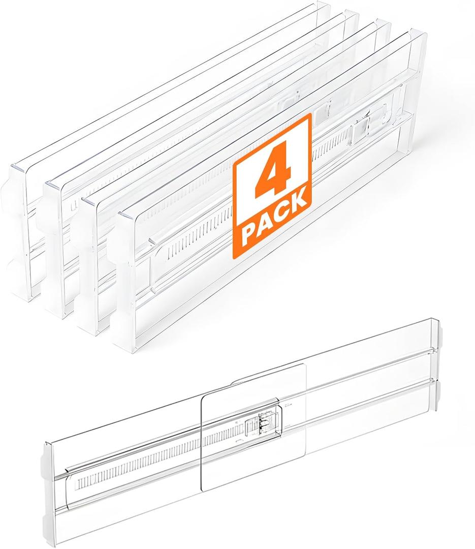 4 Pack Drawer Dividers for Clothes, 4" High 10.6"-16.9" Drawer Divider Adjustable Expandable Dresser Drawer Organizer, Clear Dresser Separators for Clothes, Underwear, Baby Clothes, Cosmetic, Toiletries
