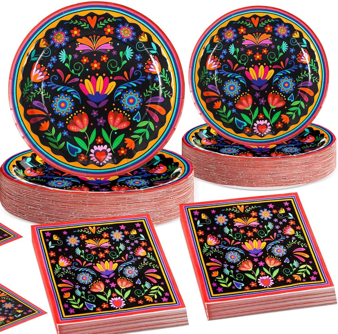 Potchen 180 Pcs Party Plates and Napkins 7'' and 9'' Paper Disposable Plates and Napkins Mexican Summer Beach Party Supplies Decorations Tableware Set Serve 60(Mexico,Black)