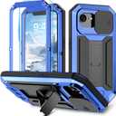 Compatible with iPhone 16E Metal Heavy Duty Case with Screen Slide Camera Cover Protector Kickstand Rugged Military Grade Drop Protection Aluminium Full Cover for Man Woman (Blue)