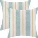 Aqua Teal Mustard Yellow Outdoor Pillow Covers 18 x 18 Inch, Beige Polka Dots Striped Decor Throw Pillows for Couch Bed, Boho Modern Farmhouse Decorative Pillowcase Linen Cushion Cover Set of 2