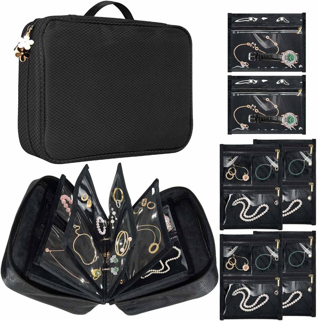Travel Jewelry Organizer Case, Jewelry Storage Bag with Zipper Velvet Pockets, Portable Jewelry Case for Necklaces, Rings, Earrings, Bracelets