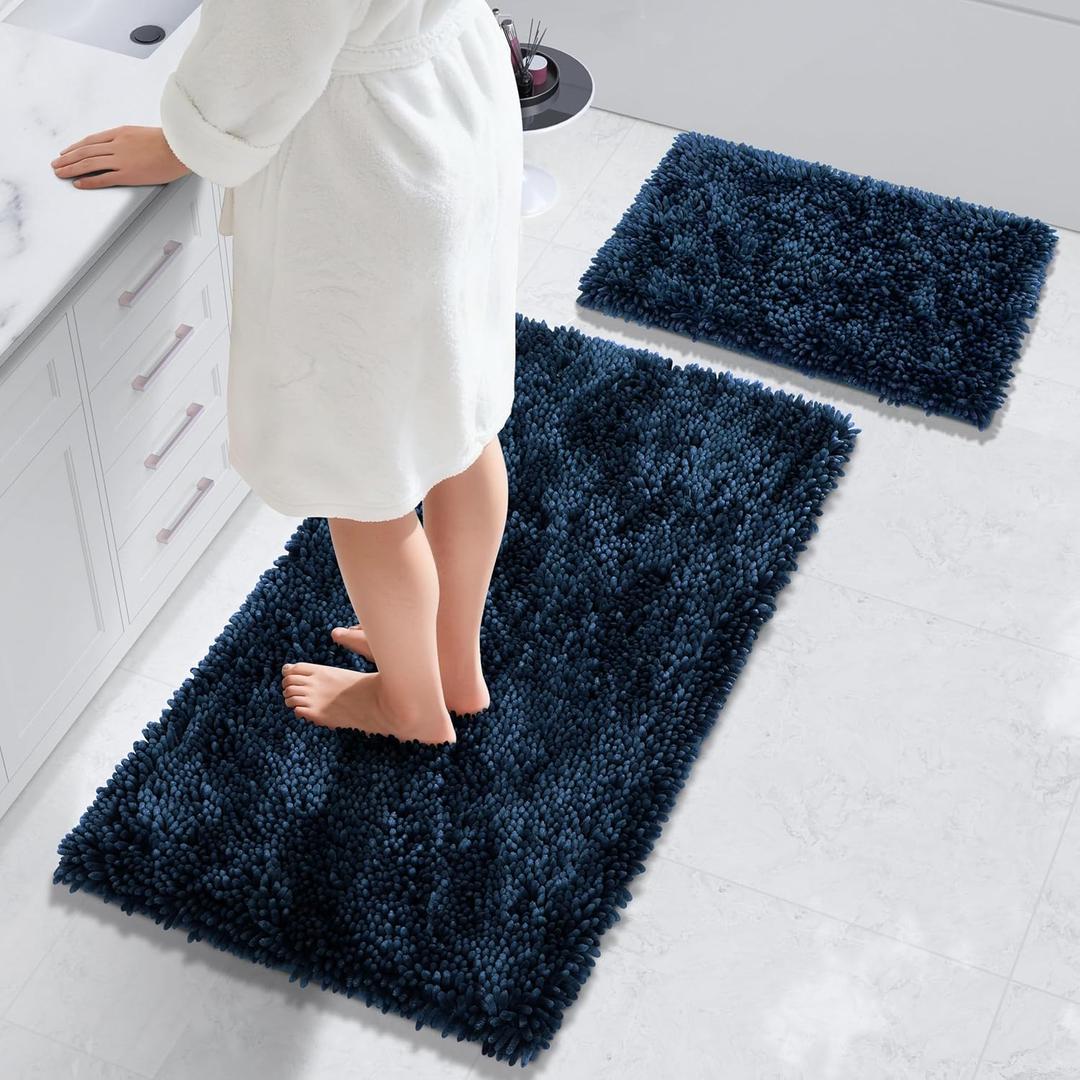 Yimobra Bathroom Rug Set 2 Piece, Luxury Shaggy Bath Mat Set with Non Slip Backing, Ultra Soft & Absorbent Mats for Bathroom Floor, Machine Washable, 44"x24"+24"x17", Blue